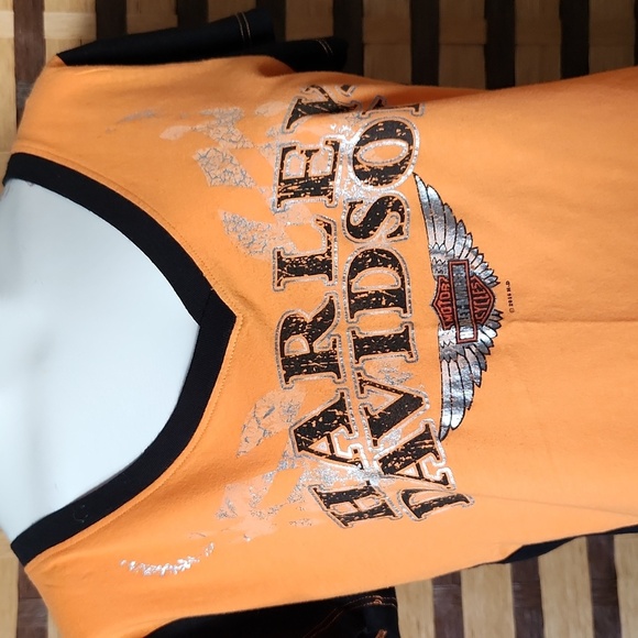 NWOT! Harley-Davidson Women's Orange and Black Top Silver Foil - Picture 1 of 6